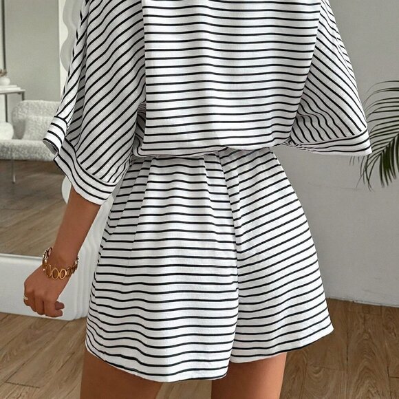 White Boho Women's Striped Batwing Sleeve Front Button Romper - Picture 4 of 5